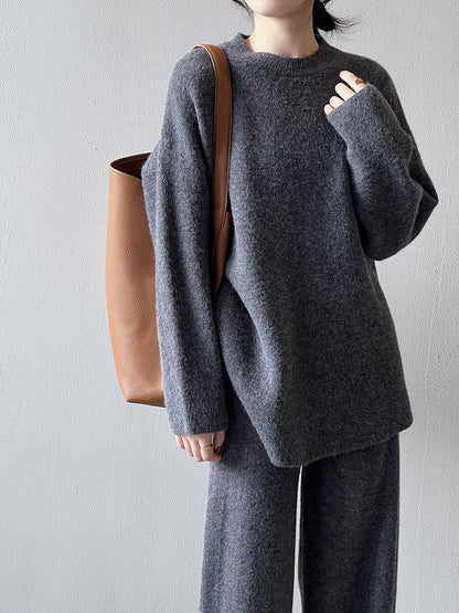 【Plus Size】 Two-Piece Set Solid Mock Neck Drop Shoulder Split Hem Sweater & Straight Leg Pants