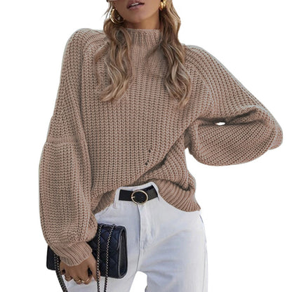 2024European and American Autumn and Winter New Loose Mock Neck Knitwear Cross-Border Amazon Women's Solid Color Turtleneck Sweater for Women