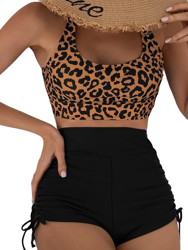 Women's 2 Piece Bathing Suits Leopard Scoop Neck Drawstring High Waisted Bikini Shorts Swimsuit - Seldom Seen Styles