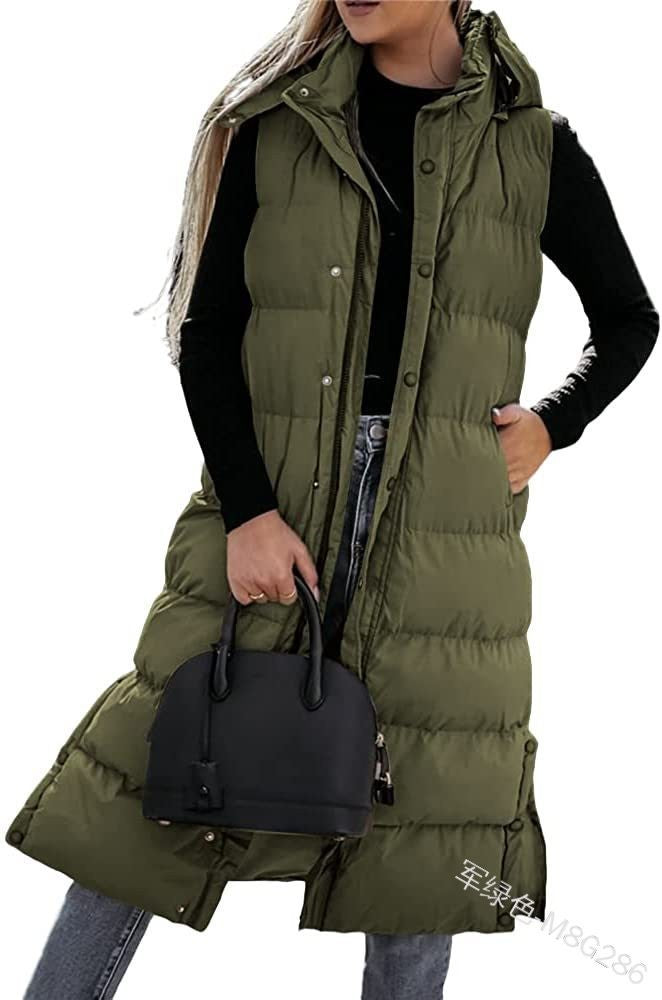 Women's Long Puffer Vest with Quilted Hood and Button Down Closure for Winter Coat 2025 - Tops, Womenswear - Seldom Seen Styles