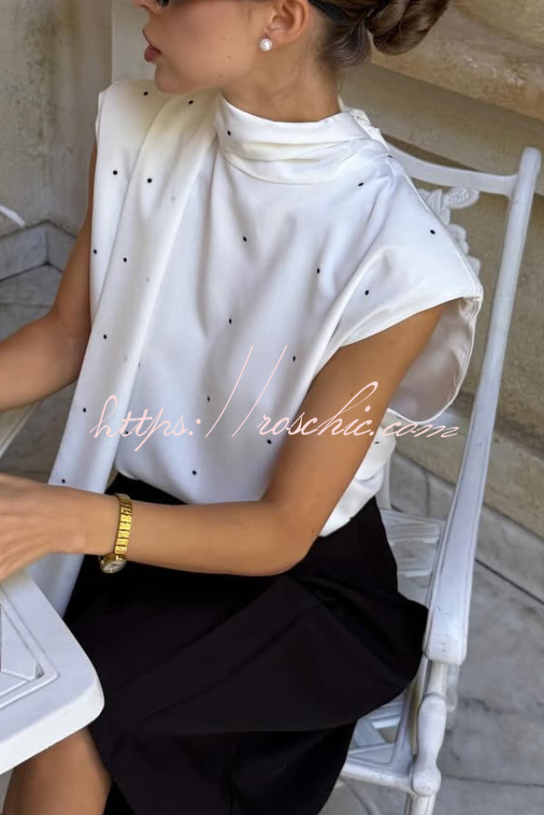 Polka Dot Print Open Backless Stand Collar Sleeveless Ribbon Top - Seldom Seen Styles