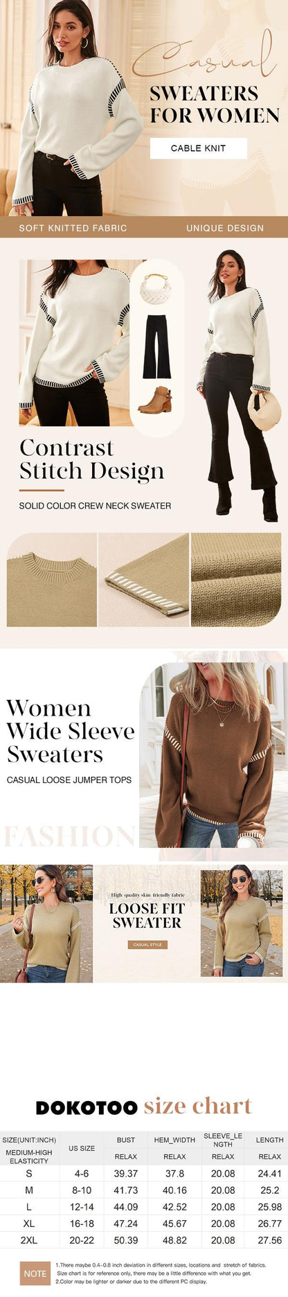 Sweaters for Women Fashion Solid Crewneck Loose Fit Long Sleeve Contrast Cable Knit Pullover Sweater Jumper Tops Knitwear Womenswear Knitwear Womenswear