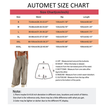 Damen Casual Loose Fit Weite Beinhose Baumwolle Hose Kordelzug Nähte Baggy Pants Hose mit Taschen