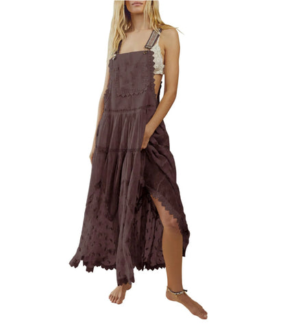 Women's Summer Laced Embroidered Tulle Bib Beachwear Dress Casual Comfortable Loose Adjustable Straps Maxi Dress Fabric Womenswear - Seldom Seen Styles