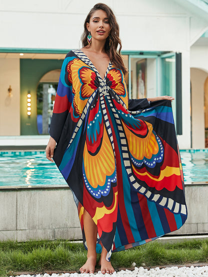 [Plus Size] Butterfly/feather Print Ruched Split Hem Tunic Dress, Valentine's Day Elegant Batwing Sleeve V Neck Long Dress for Summer, Casual Womenswear, Gift, Homecoming Dresses, Women's Clothes for Beach Holiday Vacation, Moo Moo Dresses