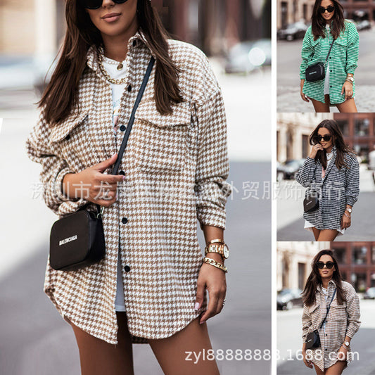 European and american hot2023Year ebay Amazon Winter New Women's Clothing Fashion Houndstooth Brushed Woolen Shirt Coat