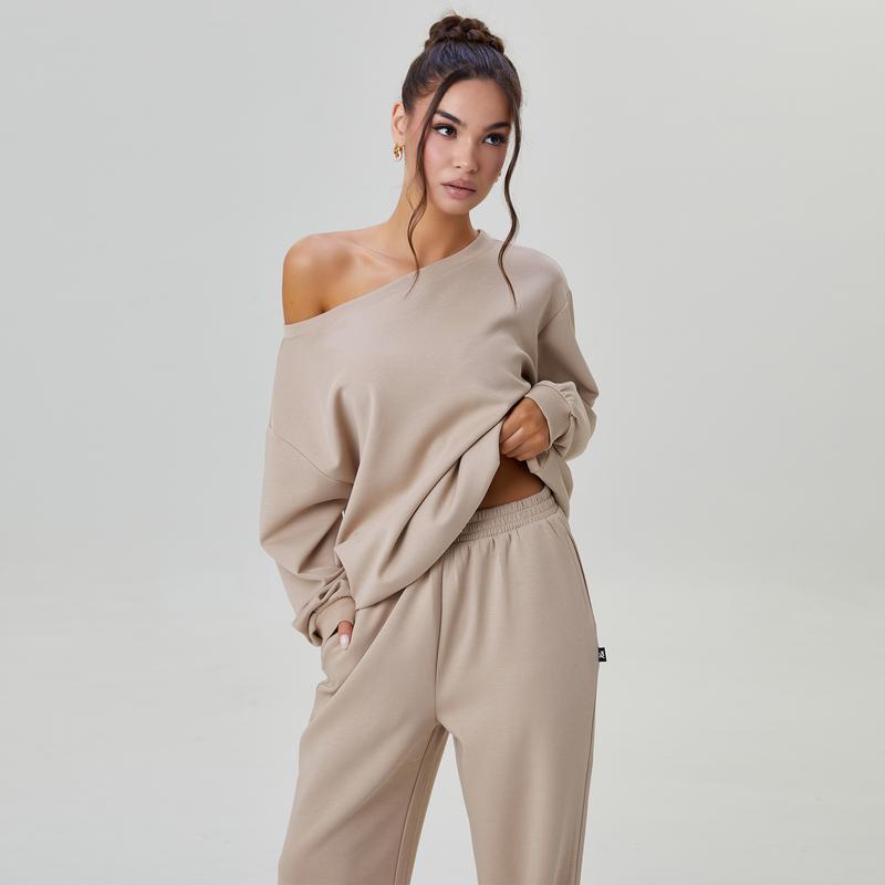 Women's Leisure Solid Color Sloping Shoulder Long Sleeve Top & Wide Leg Trousers Co-ord, Cozy Scoop Neck Loose Two Piece Outfits, Basic Womenswear - Seldom Seen Styles