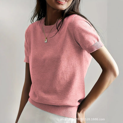 Women's Solid Color Crew Neck Short Sleeve Sweater, Chic Casual Basic Knit Pullover for Spring & Fall, Fashion Women's Knitwear for Daily Wear, Womenswear