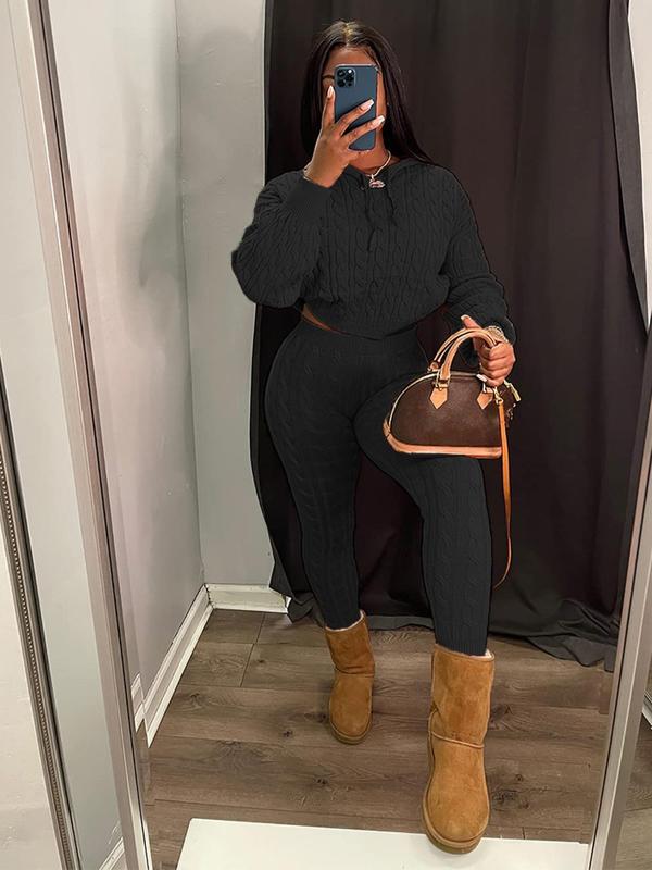 Women's Minimalist Textured Long Sleeve Crop Hooded Sweater & High Waist Skinny Pants Set, Casual Cozy Lady Knitwear Outfits Suits, Basic Womenswear - Seldom Seen Styles
