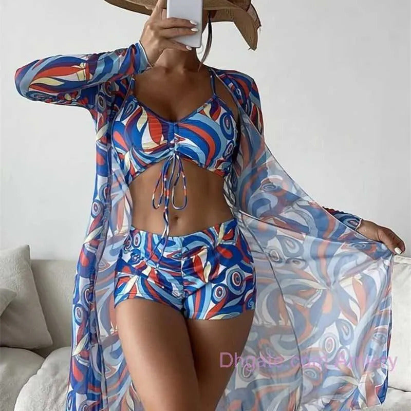 2023 Swimsuit Women's Designers Bikini Split Three Piece Set Cover Up High Waist Long Sleeve Ins Overshirt Drawstring Beach Bikinis Swimwear - Seldom Seen Styles