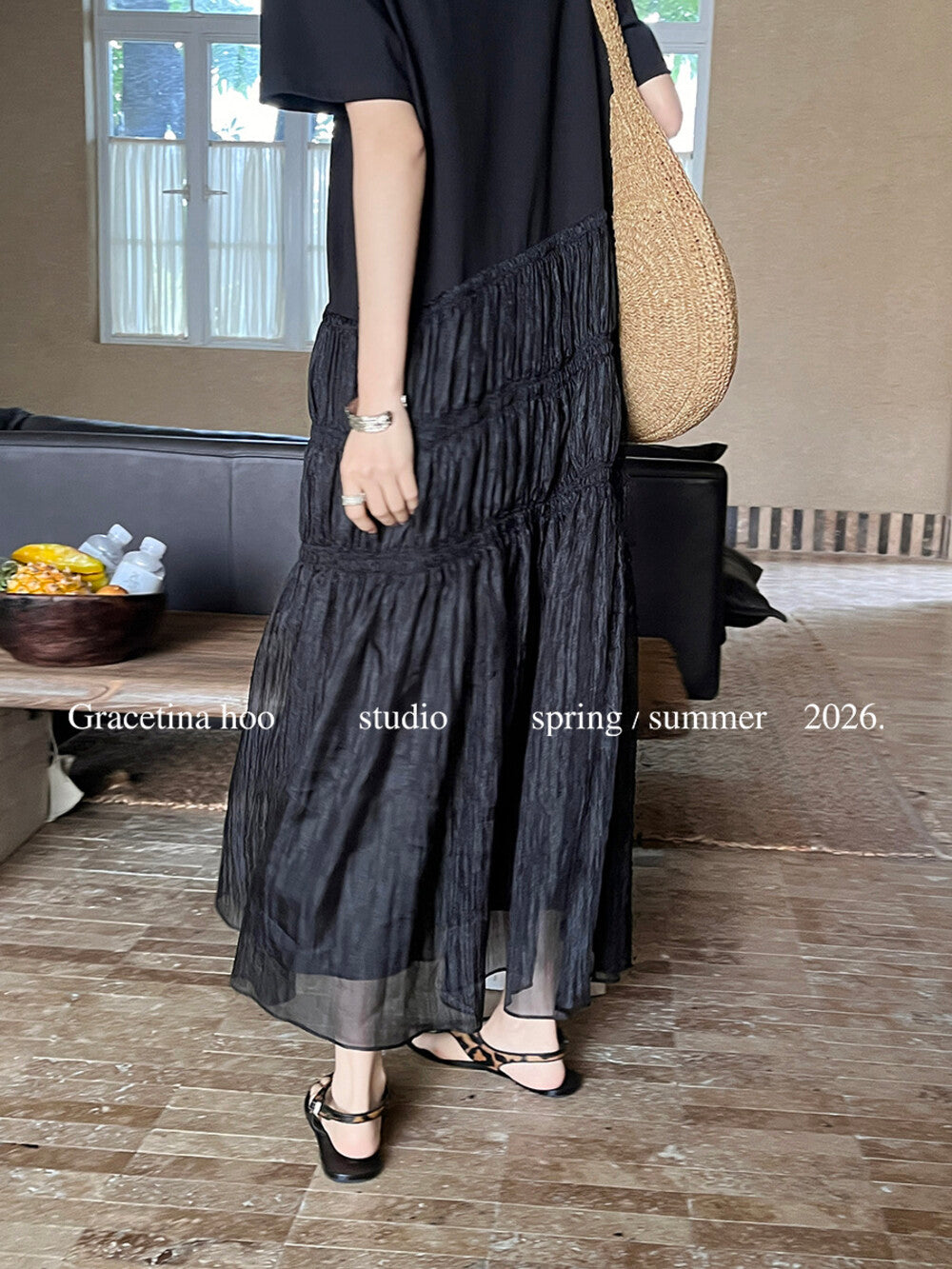 Cotton T-Shirt Spliced Mesh Tiered Ruffle Maxi Dress Patchwork A-Line Elegant Casual Summer Dress White Black - Seldom Seen Styles