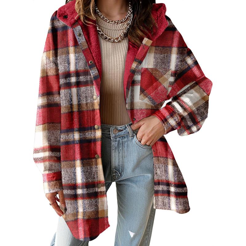 Women's Flannel Hooded Plaid Fuzzy Fleece Jacket - Seldom Seen Styles