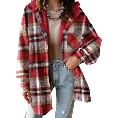 Women's Flannel Hooded Plaid Fuzzy Fleece Jacket