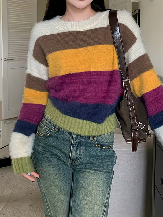 Striped Crew Neck Pullover Sweater, Casual Long Sleeve Drop Shoulder Sweater, Women's Clothing