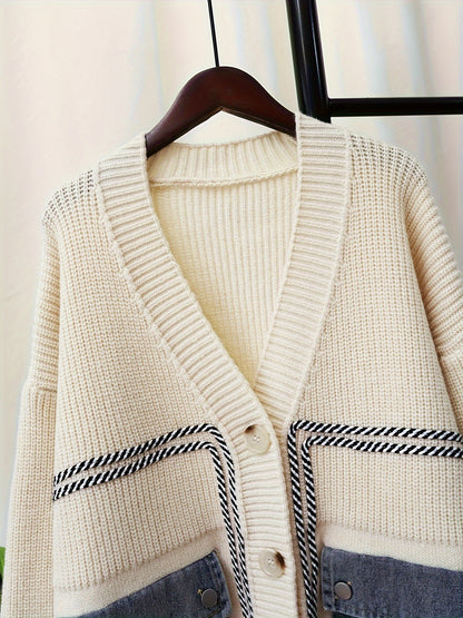 Color Block Flap Pocket Knitted Cardigan, Casual Button Front V Neck Long Sleeve Drop Shoulder Cardigan, Women's Clothing