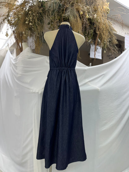 Women's Dark Navy Denim Halter Neck Wrap Ruched Maxi Dress Sleeveless Backless S M L MiniHey HH8230