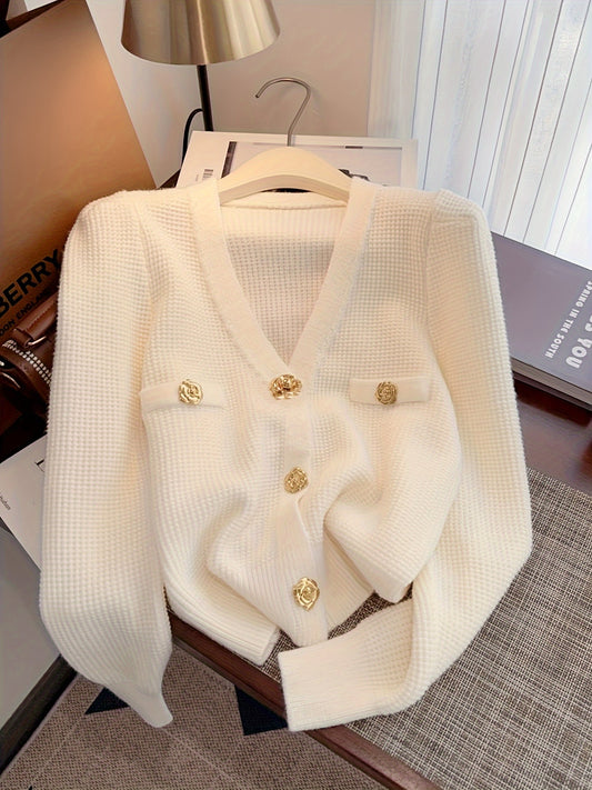 Elegant French-Inspired V-Neck Cardigan - Soft Knit, Button Detail, Solid Color - Perfect For All Seasons Cardigan For Women Elegant Cardigan For Dress