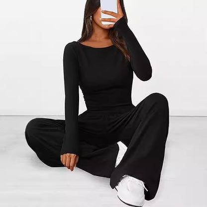 Ensembles de détente 2 pièces pour femmes : t-shirt asymétrique à manches longues, pantalon large, tenue décontractée, survêtement, vêtements minimalistes basiques 