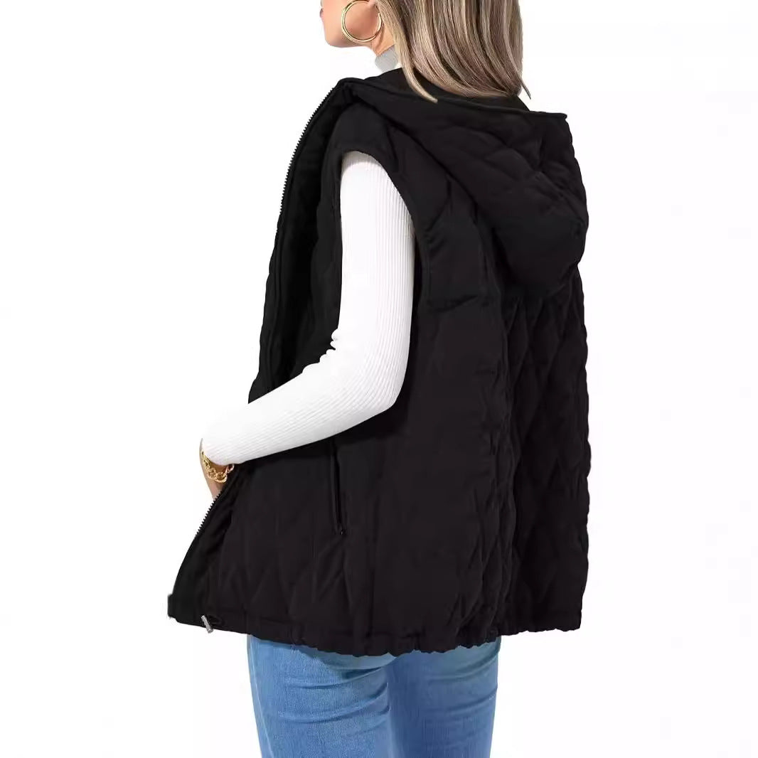 Women's Quilted Vest Casual Sleeveless Hooded Zip Up Diamond pattern Jacket With Pockets Winter Coat Outerwear Minimalist Top - Seldom Seen Styles