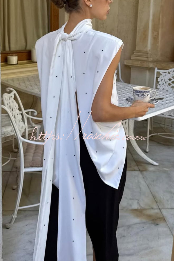 Polka Dot Print Open Backless Stand Collar Sleeveless Ribbon Top - Seldom Seen Styles