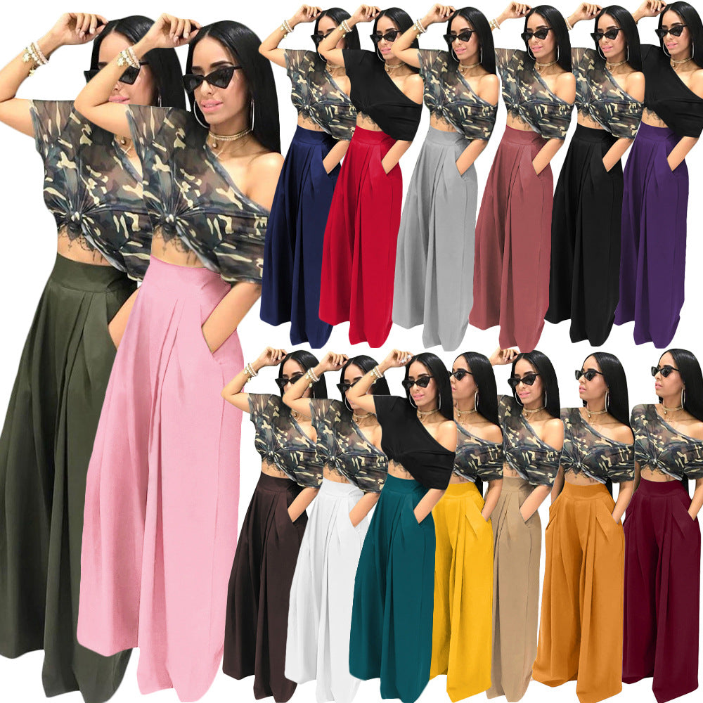 Women's Plain Plicated Pocket Wide Leg Pants, Casual Comfy High Waist Trousers for Summer, Ladies Bottoms for Daily Wear - Seldom Seen Styles