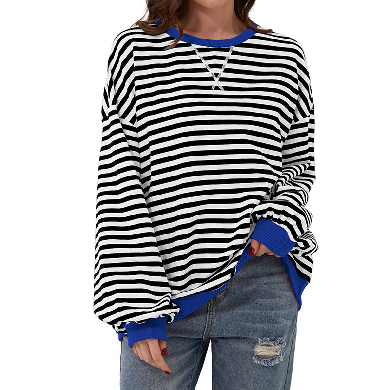 Womens Striped Oversized Sweatshirt Color Block Crew Neck Long Sleeve Casual Loose Pullover Top Y2K Clothes