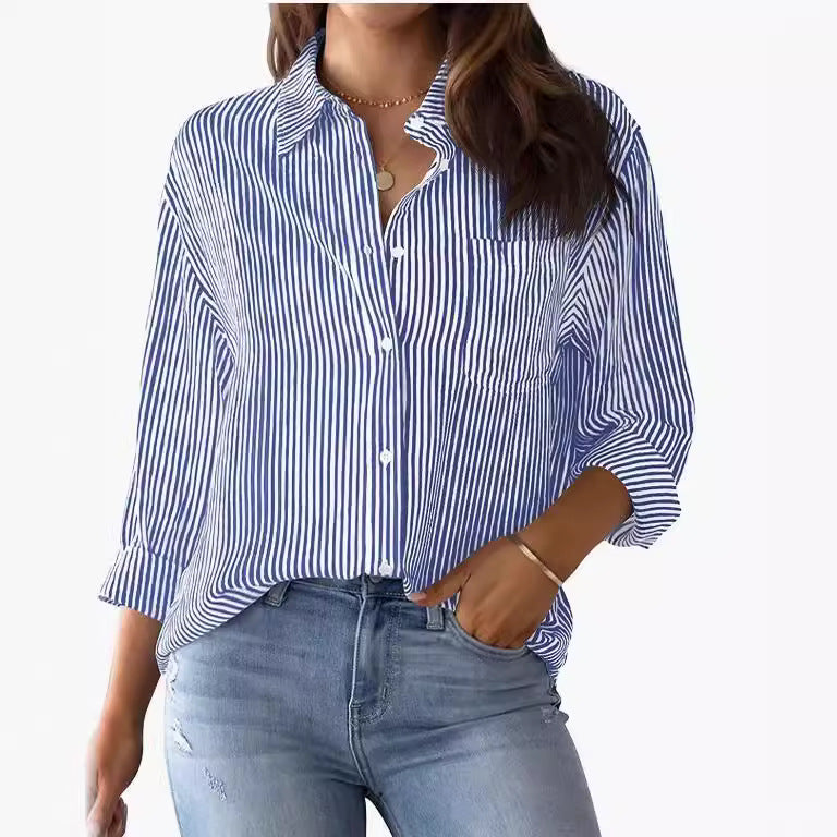 AISEW Damen Button-Down-Hemd, gestreift, klassisch, Langarm, Kragen, Büro, Arbeit, Bluse, Tops mit Tasche