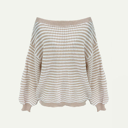 Women's Striped Drop Shoulder Sweater, Y2k Casual Bishop Sleeve Boat Neck Jumper Tops for Daily Outdoor Wear Back To School, Sweaters for Women, Ladies Knitwear for Fall, Fall Outfits, Fallfreshness, Preppy 80s Clothes
