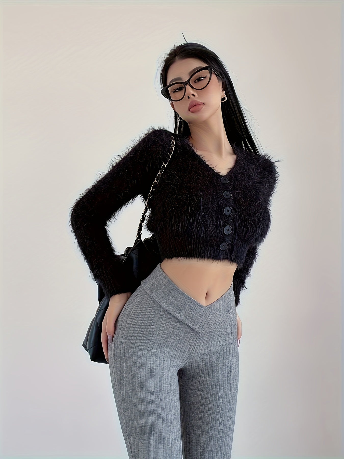 Button Front Fluffy Crop Cardigan, Chic Long Sleeve V Neck Cardigan For Spring & Fall, Women's Clothing