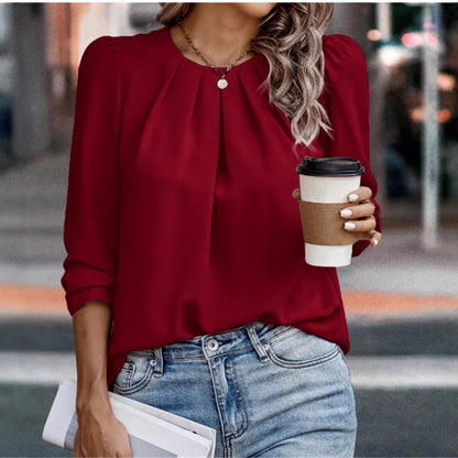 Womens Tops Dressy Casual Pleated Crew Neck Long Sleeve Shirts Office Work Chiffon Blouses