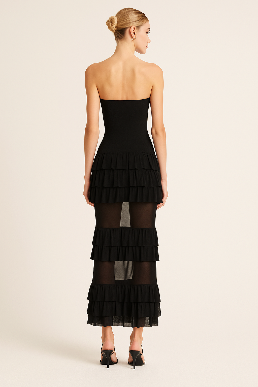 KIMBERLY STRAPLESS MESH RUFFLE DRESS - Seldom Seen Styles