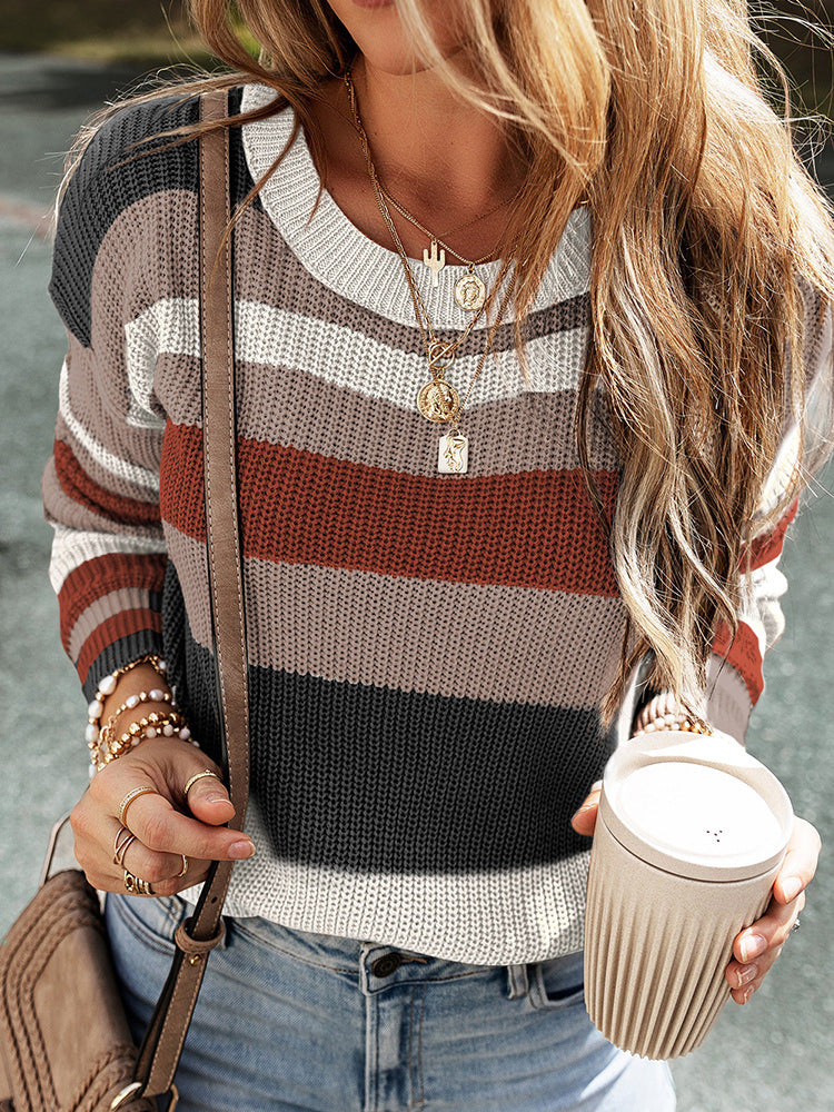 Shiying Autumn and Winter New Striped Patchwork Knitting Long-Sleeved Top for Women2024European and American Leisure Contrast Color Pullover