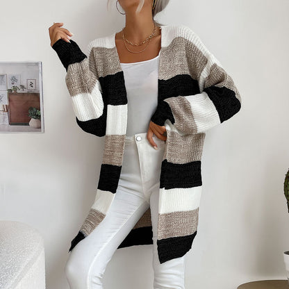 Women's Clothing Long Non-Button Colorblock Sweater Coat  Autumn Winter Hot Products