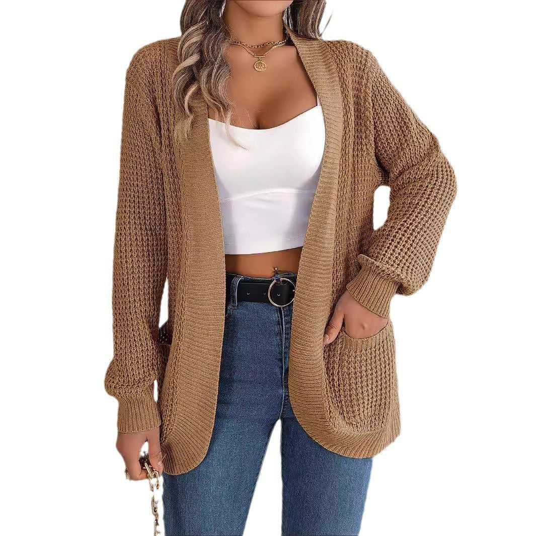 Real Shot 2024 Autumn and Winter Leisure Pocket Long Sleeve Knitted Sweater Cardigan Coat Amazon Hot Cross-Border Women's Clothing