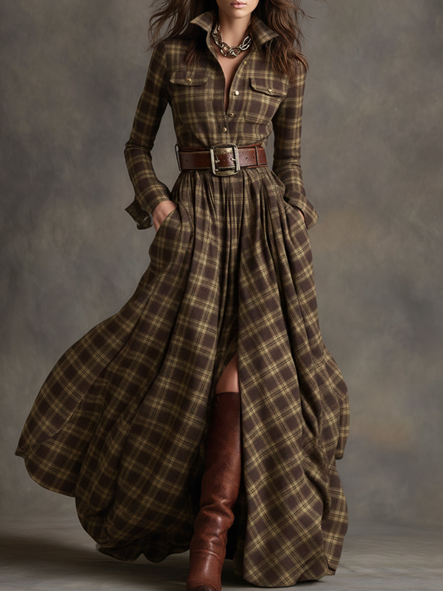 Retro Ethnic Style Lapel Reddish Brown Plaid Maxi Dress - Seldom Seen Styles