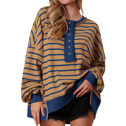 Bela – Sweat-shirts amples rayés pour femmes, hauts Henley, pulls décontractés à blocs de couleurs, hauts en tricot gaufré