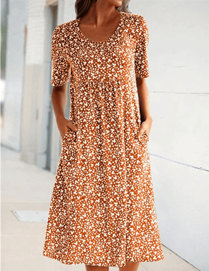 Summer round neck short sleeve flower sleeve midi dress (8 colors with pockets)