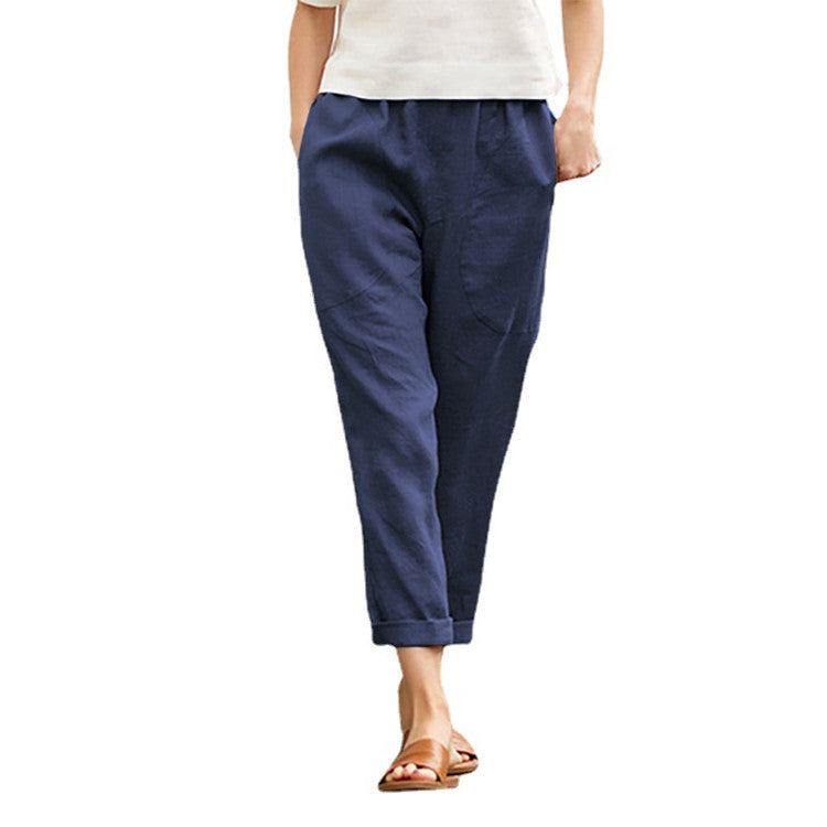 Women's Linen Cropped Pants Tapered Ankle Capris Trousers Elastic Waist - Seldom Seen Styles