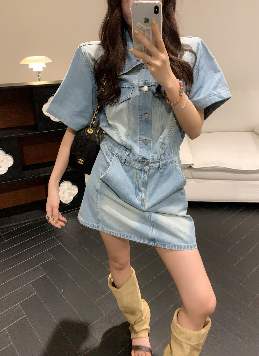 Women's Light Blue Washed Denim Short Sleeve Lapel Collar Silver Button Mini Dress Waist Cinching Dual Chest Pockets Side Pockets S M - Seldom Seen Styles