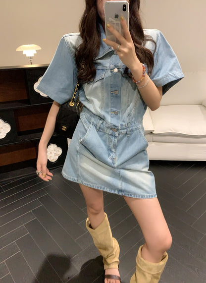 Women's Light Blue Washed Denim Short Sleeve Lapel Collar Silver Button Mini Dress Waist Cinching Dual Chest Pockets Side Pockets S M