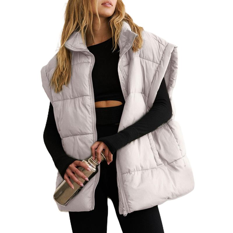 Women's Winter Oversized Puffer Vest Lightweight Stand Collar Flysleeve Insulated Padded Puffy Jackets Coat with Pockets Outerwear Casual Zipper Tops Black Fitted Minimalist - Seldom Seen Styles