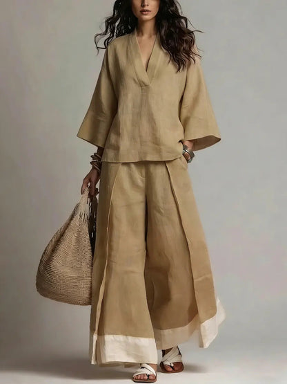 Annie's Fashion Women's Cotton-Linen V-Neck Three-Quarter Sleeve Shirt and Wide-Leg Pants Set