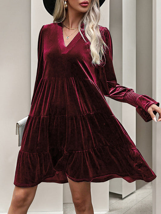 A-Line Long Sleeves Pleated Solid Color Velvet V-Neck Mini Dresses - Seldom Seen Styles