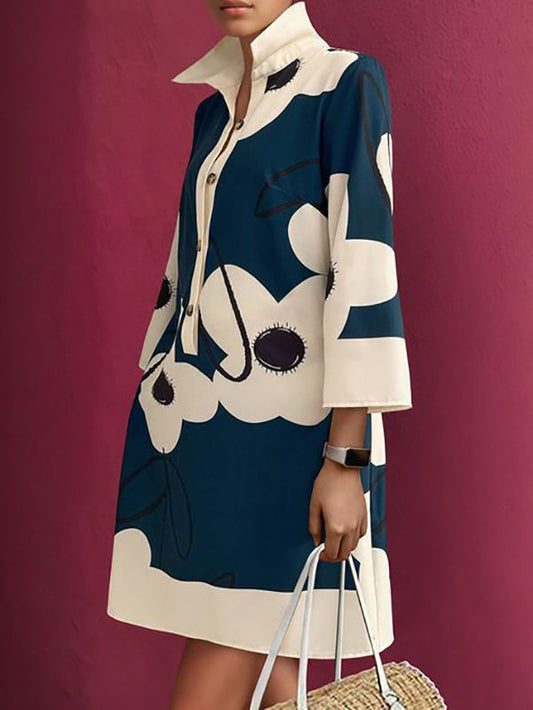 A-Line Loose Buttoned Flower Print Stand Collar Mini Dresses - Seldom Seen Styles