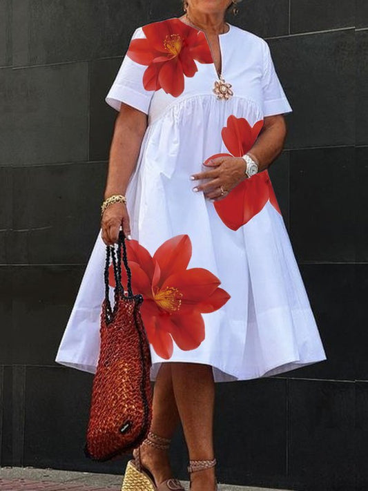 A-Line Loose Flower Print Pleated V-Neck Midi Dresses - Seldom Seen Styles