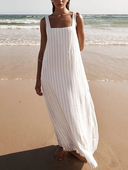 A-Line Loose Striped Square-Neck Maxi Dresses - Seldom Seen Styles