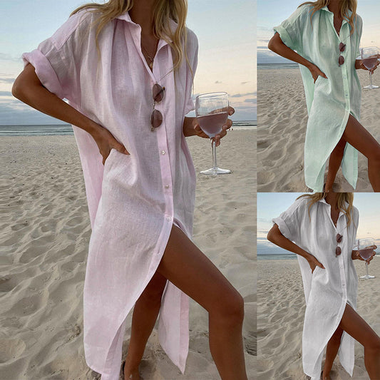 Loose Fit Cotton Linen Shirt Dress - Elegant Long & Mid-Sleeve Maxi Dress - Seldom Seen Styles