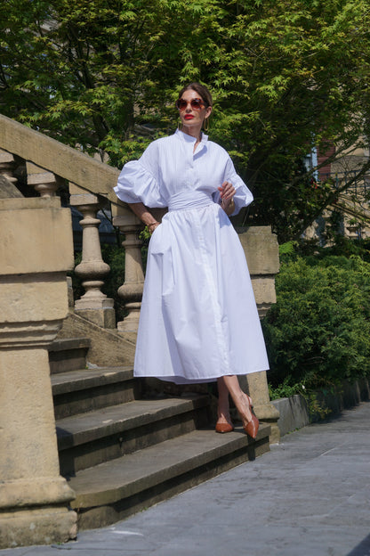 Women's White Maxi Dress Button Up Puff Sleeve Loose Fit Casual Summer Shirt Dress