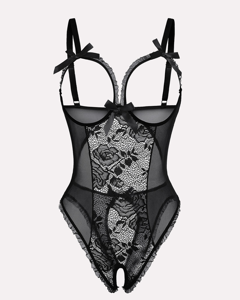 Black crotchless lace mini bodysuit with sheer mesh and floral lace center, bow straps