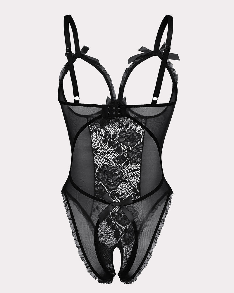 Black crotchless lace mini bodysuit with sheer mesh and lace center panel, bow straps
